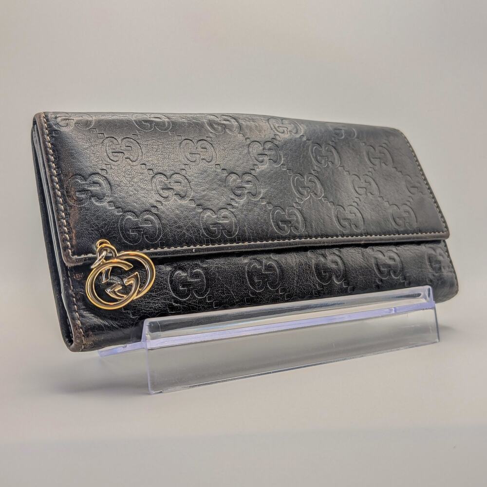Auth Gucci Guccissima Long Wallet in Dark Brown & Gold w/ Charm, with Box